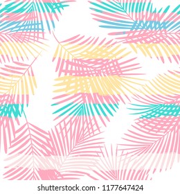 Tropical pattern, palm tree leaves floral jungle background. Exotic plant on stripes illustration. Summer nature print. Leaves of palm on paint lines. seamless vector