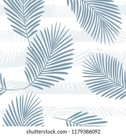 Tropical pattern, palm tree leaves floral jungle background. Exotic plant on stripes illustration. Summer nature print. Leaves of palm on paint lines. seamless vector