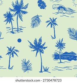 Tropical pattern, palm trees, ocean, sea, wave, hand drawn vector illustrations