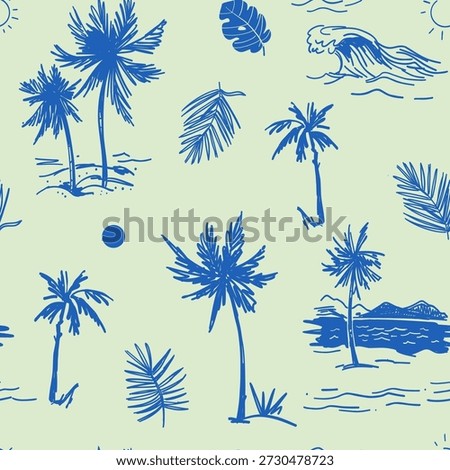 Tropical pattern, palm trees, ocean, sea, wave, hand drawn vector illustrations