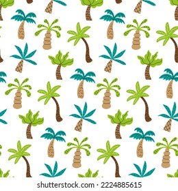 Tropical pattern with palm trees on white background. Children's fabric over jungle print. Kids nursery wallpaper with cartoon rainforest. Seamless texture for textile products by seashore vacation.