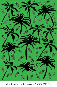 Tropical pattern with palm trees and pine apples on green color