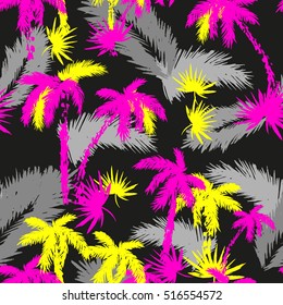 Tropical pattern palm trees seamless on a black backdrop. vivid design print for shirt textile.