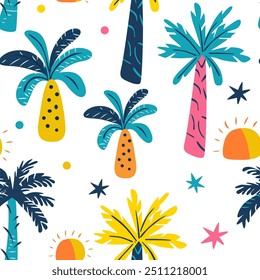 Tropical pattern with palm trees and suns.