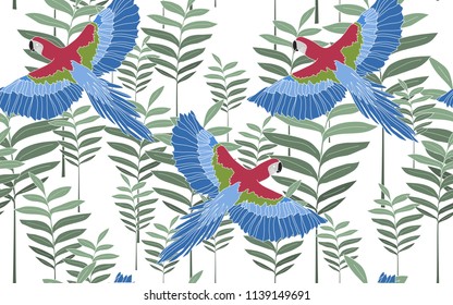 Tropical pattern of palm tumeric leaves with exotic blue parrots. Vintage vector botanical illustration. Seamless background, texture, wrapper pattern, frame or border. Digital nature art.