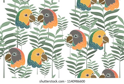 Tropical pattern of palm tumeric leaves with exotic parrots. Vintage vector botanical illustration. Seamless background, texture, wrapper pattern, frame or border. Digital nature art.