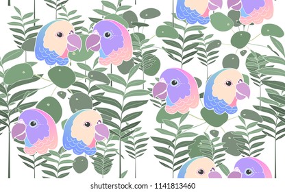 Tropical pattern of palm tumeric and pilea leaves with exotic parrots. Vintage vector botanical illustration. Seamless background, texture, wrapper pattern, frame or border. Digital nature art.