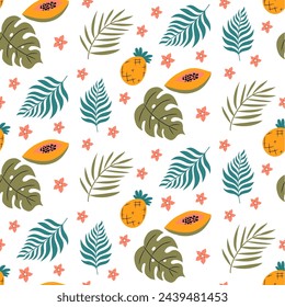 Tropical pattern with papaya, pineapple, palm leaves and flowers on white background. Vector seamless design.