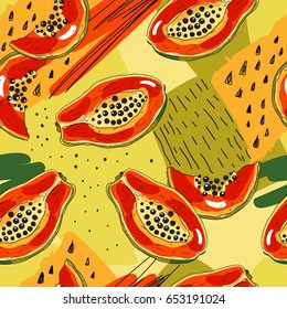 Tropical pattern with papaya.Seamless vector print with exotic fruit.Summer colorful textile texture