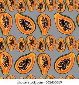 Tropical pattern with papaya.Seamless vector print with exotic fruit. Summer colorful textile texture