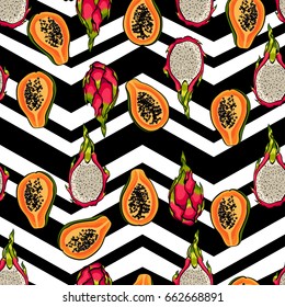 Tropical pattern with papaya.Seamless vector print with exotic fruit. Summer colorful textile texture