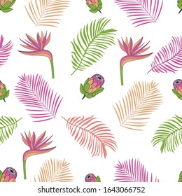 Tropical pattern with paradise flowers and palm leaves in sweet colours. Seamless vector pattern.