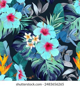 Tropical pattern. Paradise plants and flowers. Hawaiian pattern. Exotic, tropics