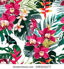 Tropical pattern. Paradise plants and flowers. Hawaiian pattern. Exotic, tropics