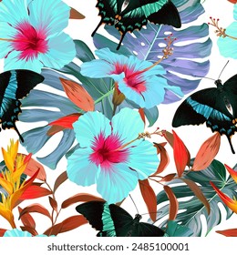 Tropical pattern. Paradise plants and flowers. Hawaiian pattern. Exotic, tropics