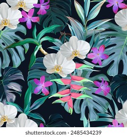 Patrón tropical. Plantas y flores del paraíso. Patrón hawaiano. Exótico, tropical