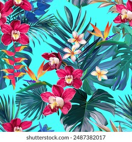 Patrón tropical. Plantas y flores del paraíso. Patrón hawaiano. Exótico, tropical