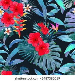 Patrón tropical. Plantas y flores del paraíso. Patrón hawaiano. Exótico, tropical