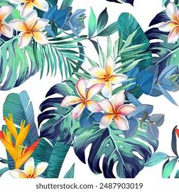 Tropical pattern. Paradise plants and flowers. Hawaiian pattern. Exotic, tropics