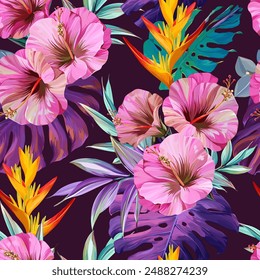 Tropical pattern. Paradise plants and flowers. Hawaiian pattern. Exotic, tropics