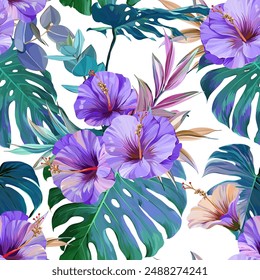 Tropical pattern. Paradise plants and flowers. Hawaiian pattern. Exotic, tropics