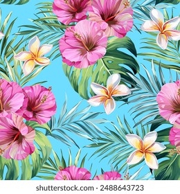 Tropical pattern. Paradise plants and flowers. Hawaiian pattern. Exotic, tropics