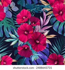 Tropical pattern. Paradise plants and flowers. Hawaiian pattern. Exotic, tropics