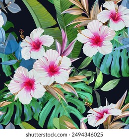 Patrón tropical. Plantas y flores del paraíso. Patrón hawaiano. Exótico, tropical