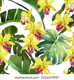 Tropical pattern. Paradise plants and flowers. Hawaiian pattern. Exotic, tropics