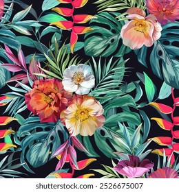 Patrón tropical. Plantas y flores del paraíso. Patrón hawaiano. Exóticos, trópicos