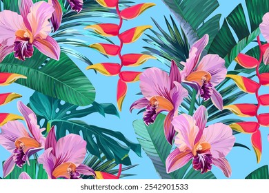 Padrão tropical. Plantas e flores do paraíso. Padrão havaiano. Exóticos, trópicos