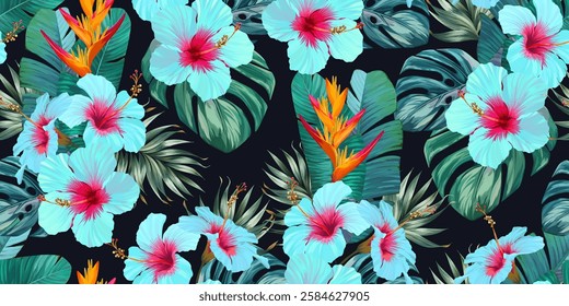 Tropical pattern. Paradise plants and flowers. Hawaiian pattern. Exotic, tropics