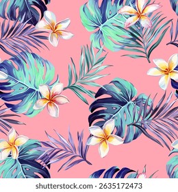 Tropical pattern. Paradise plants and flowers. Hawaiian pattern. Exotic, tropics