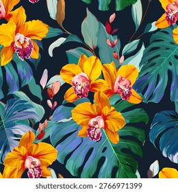 Tropical pattern. Paradise plants and flowers. Hawaiian pattern. Exotic, tropics