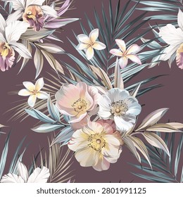 Tropical pattern. Paradise plants and flowers. Hawaiian pattern. Exotic, tropics