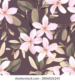 Tropical pattern. Paradise plants and flowers. Hawaiian pattern. Exotic, tropical. Delicate soft colors.