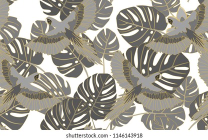 Tropical pattern of parrots and big monstera leaves. Golden outline. Vintage vector botanical illustration. Seamless background, texture, wrapper pattern, frame or border. Digital nature art.