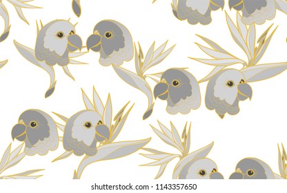 Tropical pattern of parrots and bird of paradise flowers. Golden outline. Vintage vector botanical illustration. Seamless background, texture, wrapper pattern, frame or border. Digital nature art.