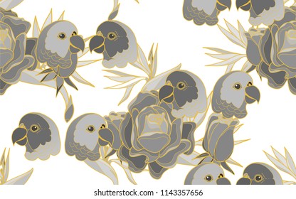 Tropical pattern of parrots and bird of paradise flowers. Golden outline. Vintage vector botanical illustration. Seamless background, texture, wrapper pattern, frame or border. Digital nature art.