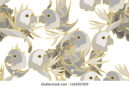 Tropical pattern of parrots and bird of paradise flowers. Golden outline. Vintage vector botanical illustration. Seamless background, texture, wrapper pattern, frame or border. Digital nature art.