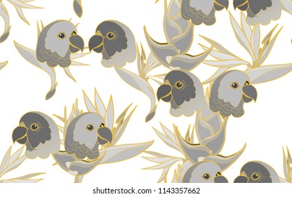 Tropical pattern of parrots and bird of paradise flowers. Golden outline. Vintage vector botanical illustration. Seamless background, texture, wrapper pattern, frame or border. Digital nature art.