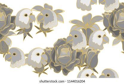 Tropical pattern of parrots and bird of paradise flowers. Golden outline. Vintage vector botanical illustration. Seamless background, texture, wrapper pattern, frame or border. Digital nature art.