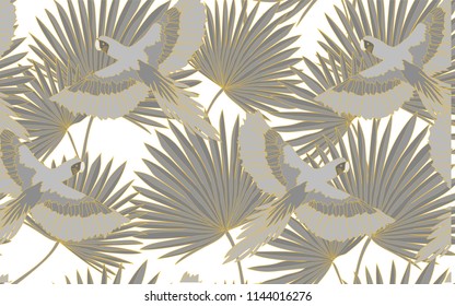 Tropical pattern of parrots and bird of paradise flowers. Golden outline. Vintage vector botanical illustration. Seamless background, texture, wrapper pattern, frame or border. Digital nature art.