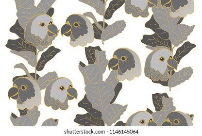 Tropical pattern of parrots and ficus palm leaves. Golden outline. Vintage vector botanical illustration. Seamless background, texture, wrapper pattern, frame or border. Digital nature art.