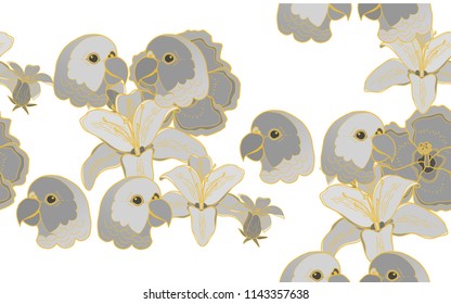 Tropical pattern of parrots and hawaiian flowers. Golden outline. Vintage vector botanical illustration. Seamless background, texture, wrapper pattern, frame or border. Digital nature art.