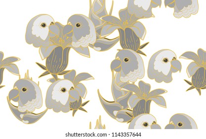 Tropical pattern of parrots and hawaiian flowers. Golden outline. Vintage vector botanical illustration. Seamless background, texture, wrapper pattern, frame or border. Digital nature art.