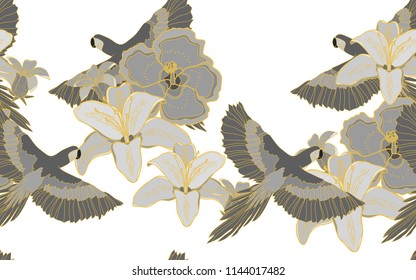 Tropical pattern of parrots and hawaiian flowers. Golden outline. Vintage vector botanical illustration. Seamless background, texture, wrapper pattern, frame or border. Digital nature art.