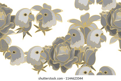 Tropical pattern of parrots and   hawaiian flowers. Golden outline. Vintage vector botanical illustration. Seamless background, texture, wrapper pattern, frame or border. Digital nature art.