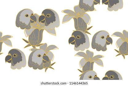 Tropical pattern of parrots and hawaiian flowers. Golden outline. Vintage vector botanical illustration. Seamless background, texture, wrapper pattern, frame or border. Digital nature art.