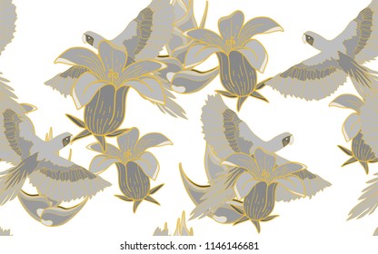 Tropical pattern of parrots and hawaiian flowers. Golden outline. Vintage vector botanical illustration. Seamless background, texture, wrapper pattern, frame or border. Digital nature art.